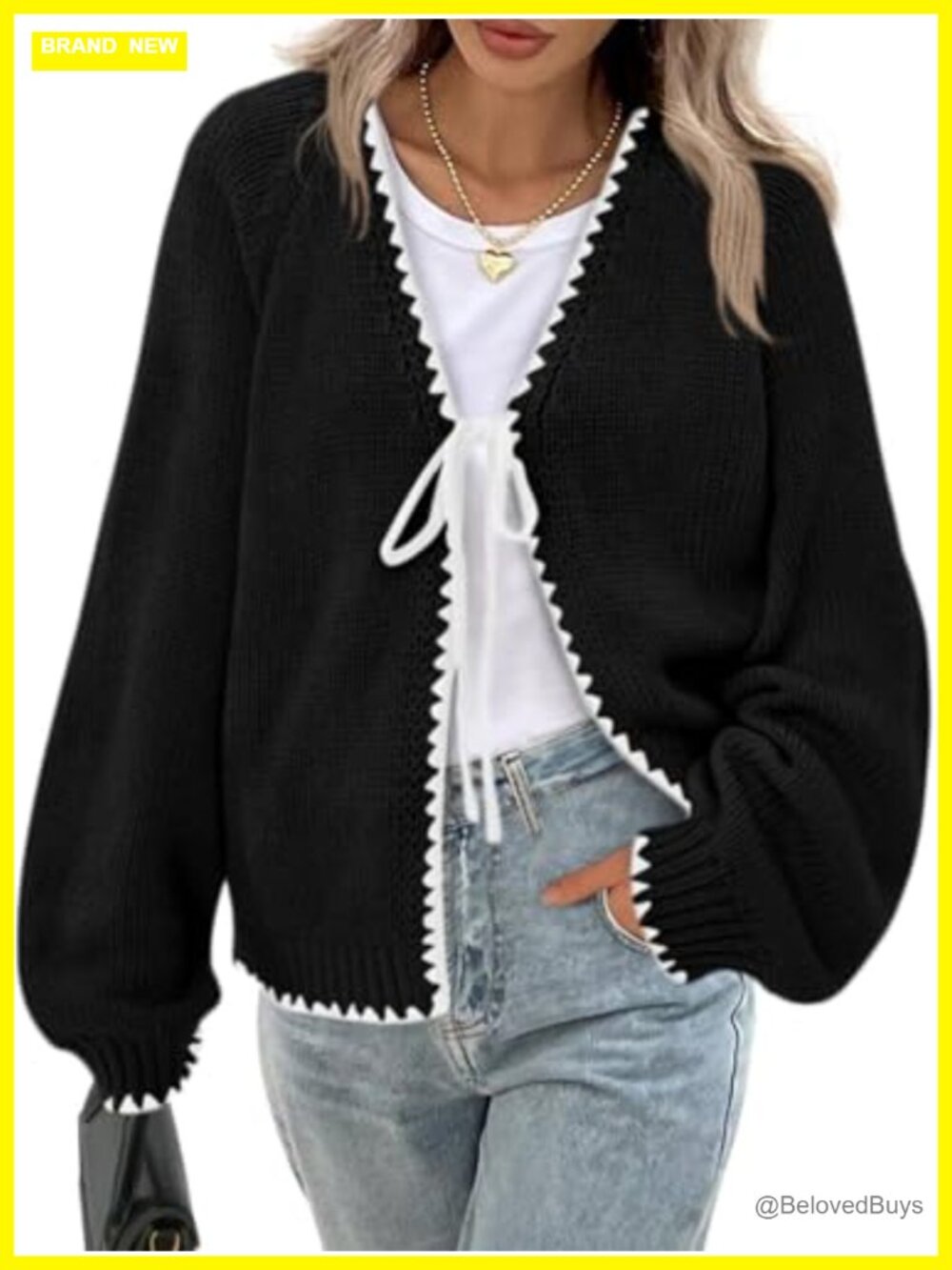 PRETTYGARDEN Women's Cable Knit Cardigan Sweater Oversized Tie Front Puff Sleeve